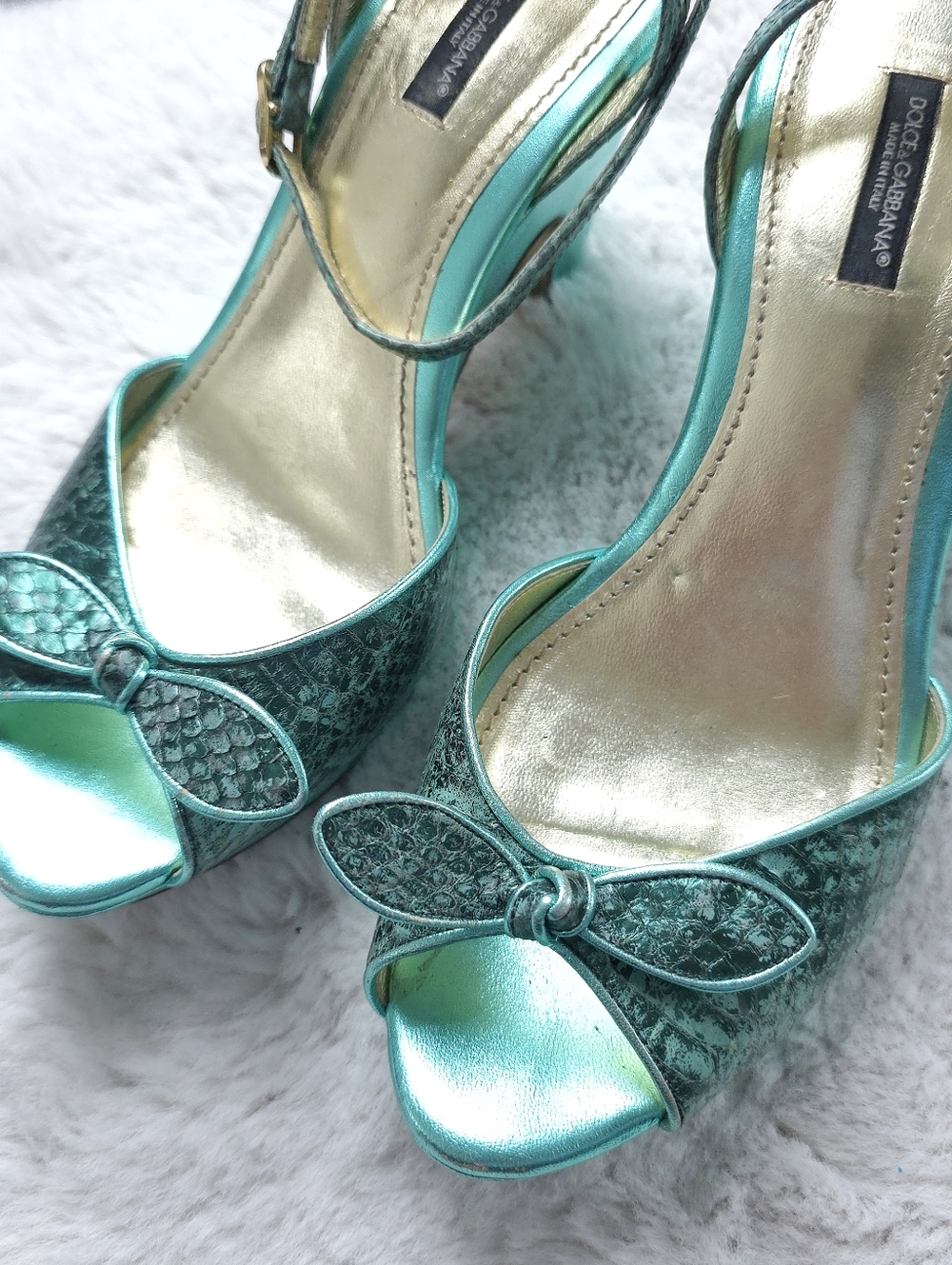 Vintage Y2K Dolce & Gabbana Metallic Teal Bow Slingback Platform Heels - Picture 4 of 6